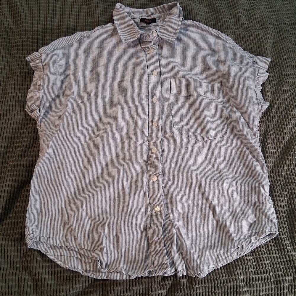 Quince Women Shirt M Blue Striped Linen Blend Casual Short Sleeve Button Down